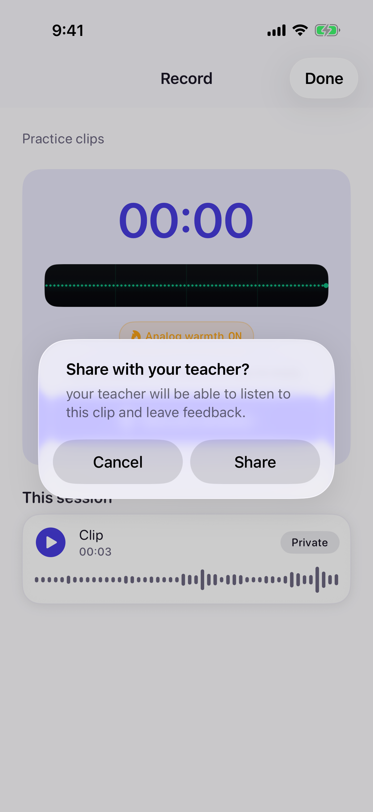 Native Prova recording screen with the share confirmation and a locally recorded clip
