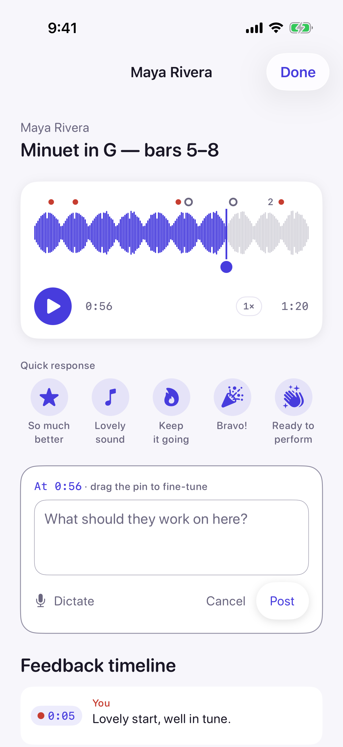 Native teacher comment composer anchored to a moment in the take