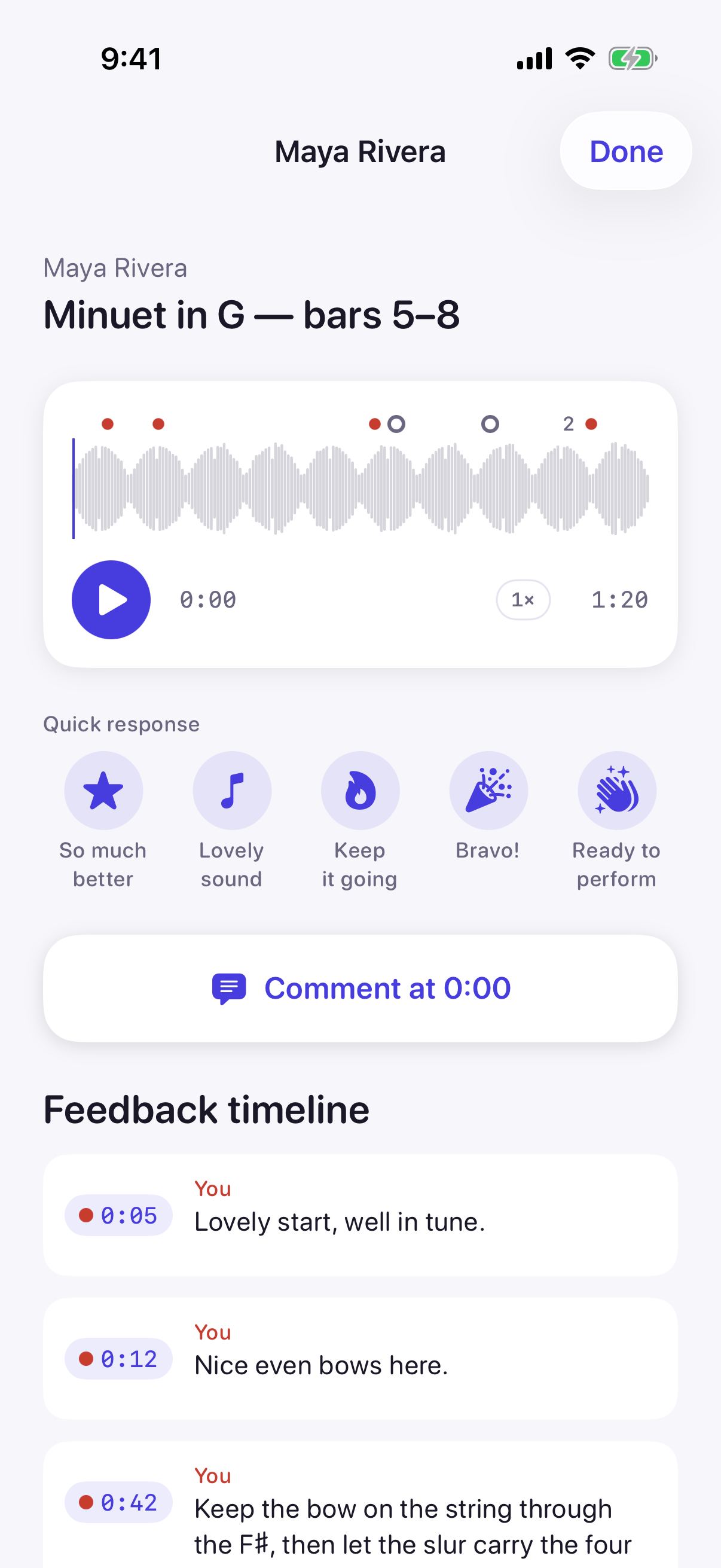 Prova teacher review showing Maya Rivera’s Minuet in G take and timestamped feedback