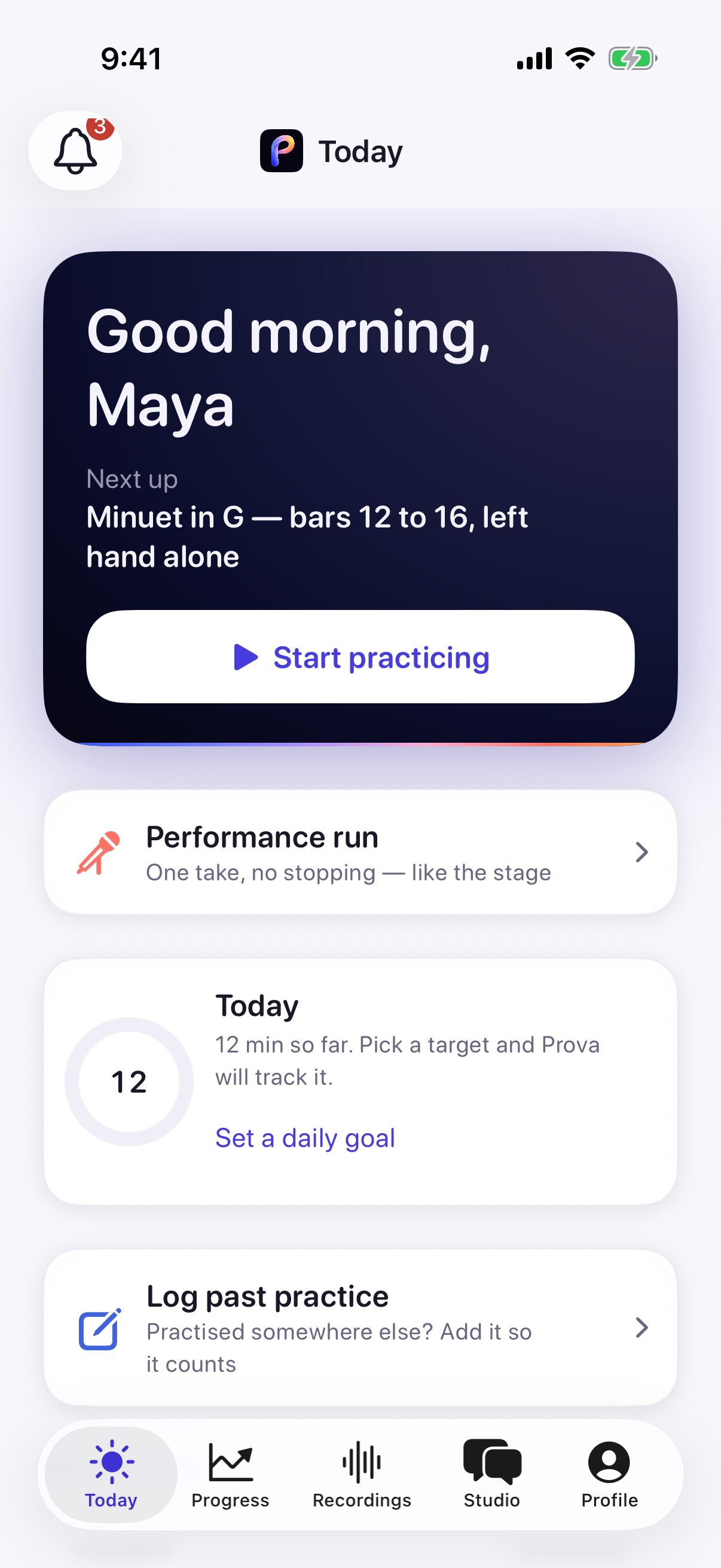 Prova Today screen with Maya Rivera’s Minuet in G assignment