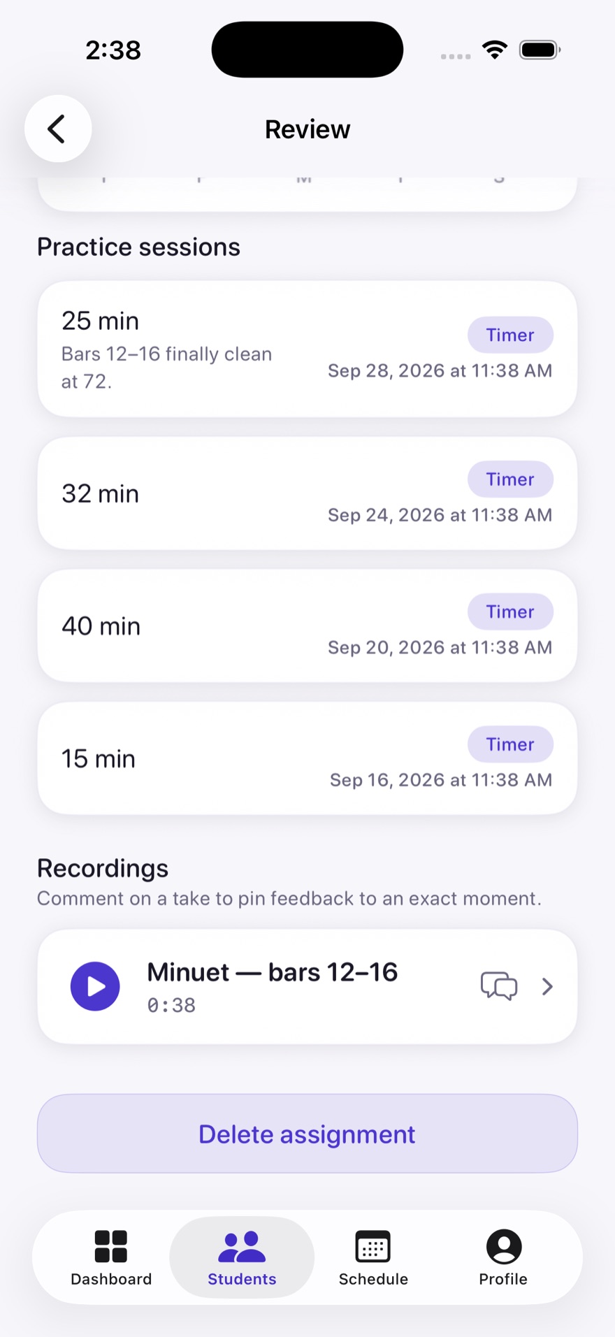 Actual teacher review: practice sessions, the student’s note ‘Bars 12–16 finally clean at 72’, and a shared 38-second take.